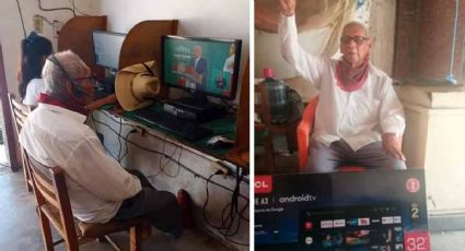 Regalan una TV a abuelito que veia "La Mañanera" de AMLO en cibercafé