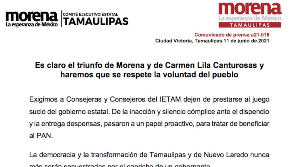 Morena Tamaulipas emite comunicado sobre elección en Nuevo Laredo.