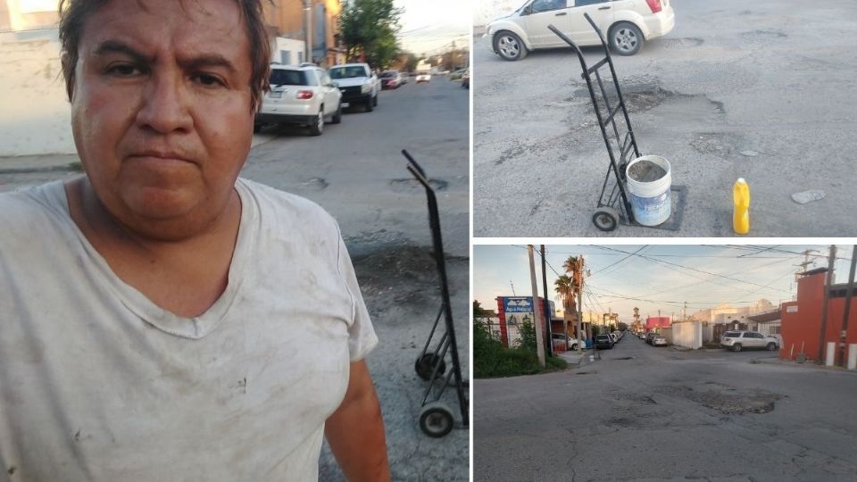 Julio César Soules puso manos a la obra para tapar los baches en su colonia.