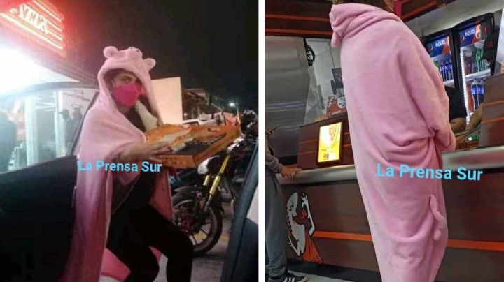 Por frío intenso mujer de Tamaulipas va por su pizza con pijama de cerdito