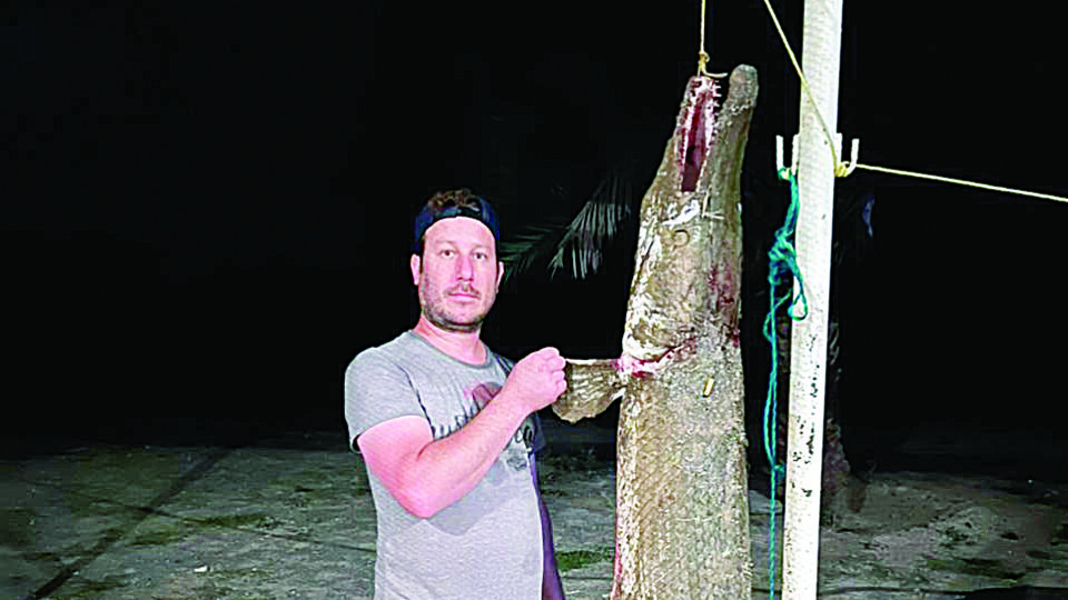 Mario Gómez, con su mejor captura catán en el río Bravo, con más de 65 kilos de peso.