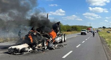 Cierran carretera Victoria-Monterrey por incendio de tractocamión