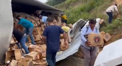 Vuelca tráiler de cerveza en Veracruz; rapiña es 'Navidad adelantada' | VIDEO