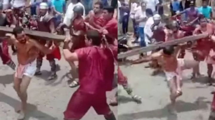 Increíble pero cierto: "Jesús" enfrenta con patadas a los soldados romanos en pleno viacrucis
