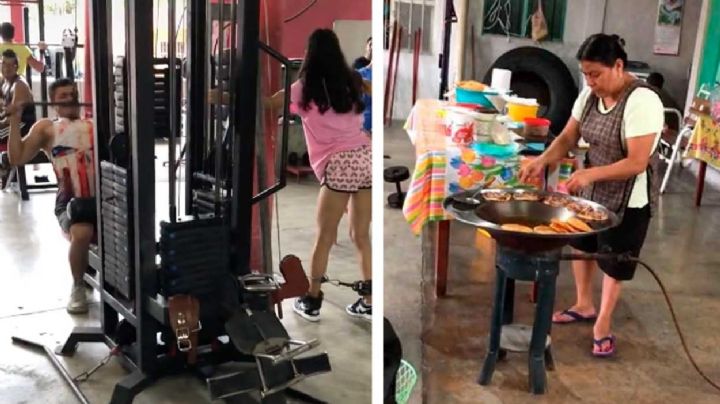 ¡No me tientes Satanás! Señora instala su puesto de sopes dentro de un gimnasio