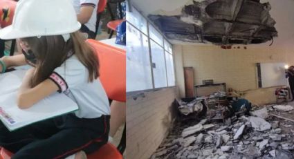 Niños acuden con casco a escuela en Monterrey; techo está a punto de caer