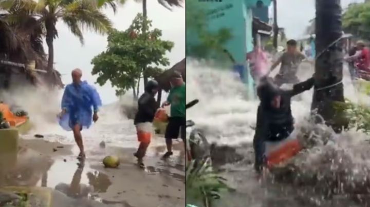 Huracán Lidia: momento exacto en que ola gigante derriba a turistas | VIDEO