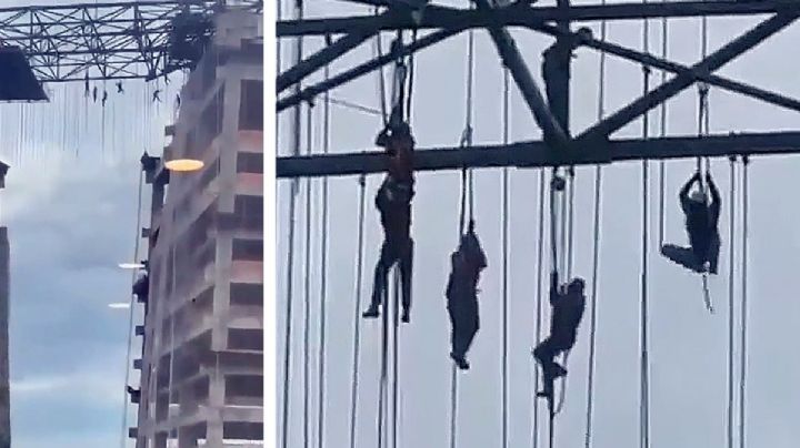 Se cae andamio y quedan colgados en el vacío | VIDEO