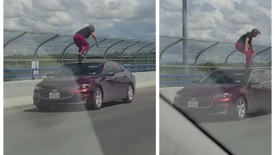 La mujer mantenía el equilibrio mientras el auto avanzaba.