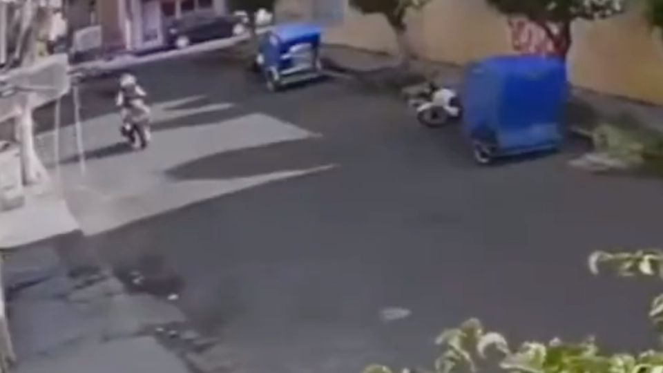 En video quedó captado el momento en que perro se lanza desde azotea y derriba a motociclista.