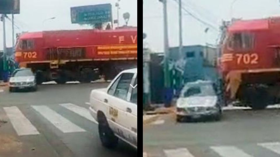 Sin miedo ni precaución, el hombre atraviesa su unidad a pocos centímetros de ser arrollado por el convoy