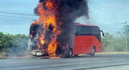 Autobús de pasajeros es consumido por las llamas en El Barretal, Tamaulipas