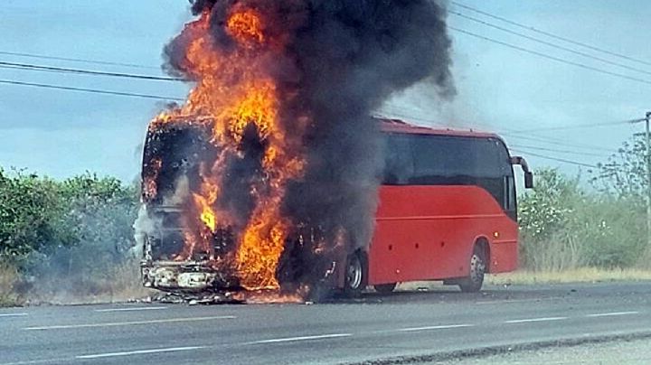 Autobús de pasajeros es consumido por las llamas en El Barretal, Tamaulipas