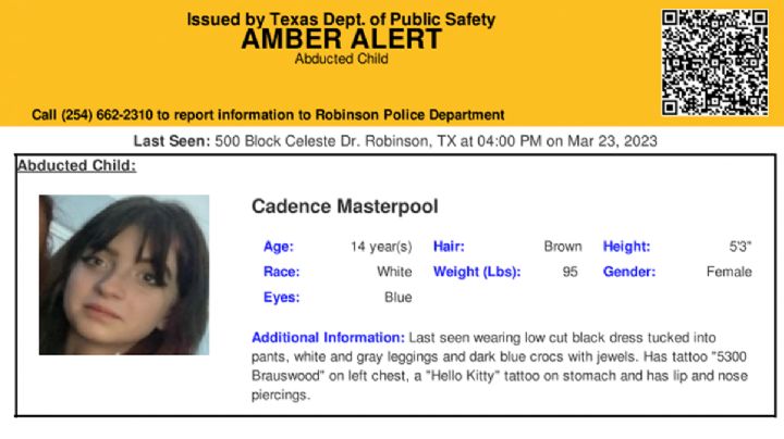 Alerta Ámber: desaparece menor en Texas; buscan a Cadence Masterpool de 14 años