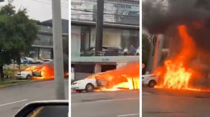 Sorprende auto en llamas circulando en Chipinque; termina impactado | VIDEO