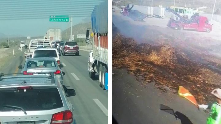 Tráiler sufre falla mecánica y se incendia con 20 toneladas de alfalfa | VIDEO