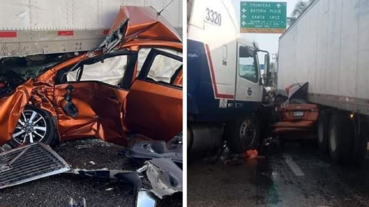 Momento exacto en el que conductor sale ileso de su auto, aplastado por tráiler | VIDEO