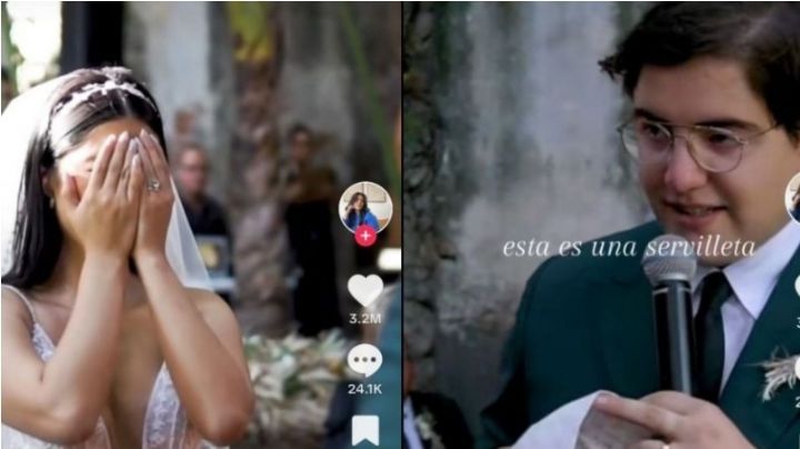 Hombre da sorpresa a su novia durante la boda; guarda servilleta de su primera cita