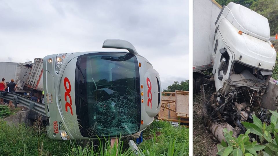 Brutal choque entre el autobús y los dos camiones