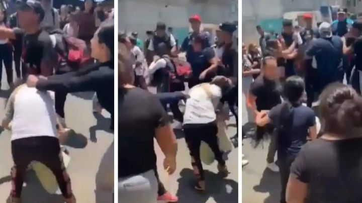 Con bebé en brazos, familia golpea a mujer y a su hija afuera de secundaria | VIDEO