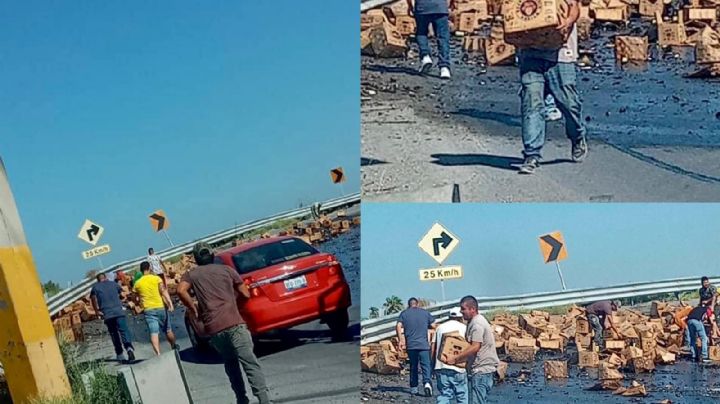 Vuelca camión con cerveza en Carretera Reynosa-Monterrey; no faltó la rapiña
