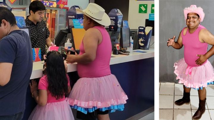 Le pide su hija que vaya con ella al cine vestido de "Barbie"; la ama tanto que le cumple su deseo