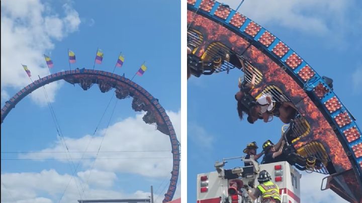 Montaña rusa falla en Wisconsin, EU y deja a tripulantes de cabeza | VIDEO