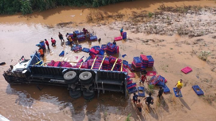 Camión con pollos se estrella y cae 15 metros al río Quetzala en Guerrero; roban su mercancía
