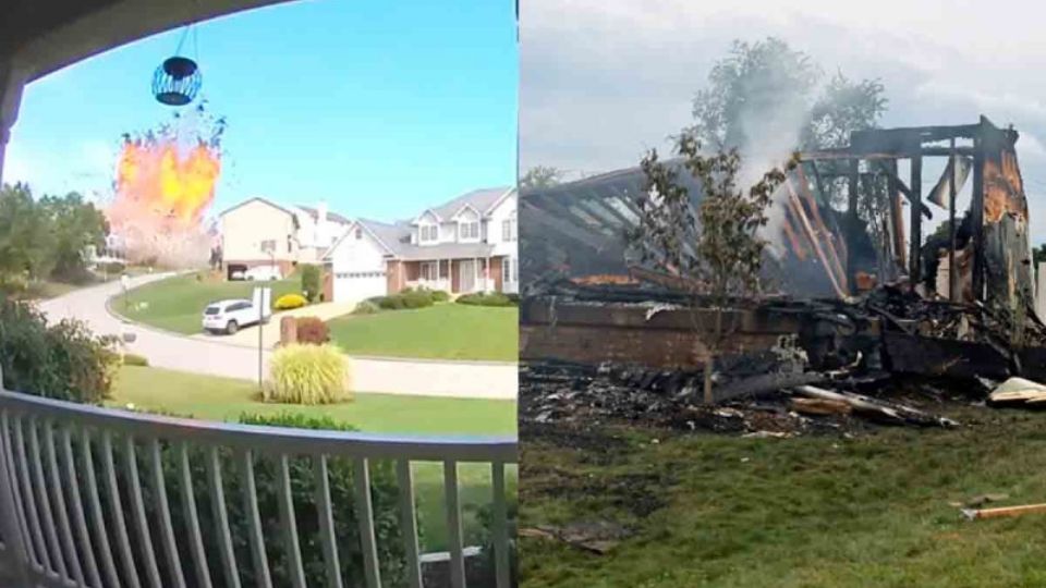 Las imágenes muestra en instante en el que la casa estalla en mil pedazos , cimbrando a las propiedades a su alrededor por la fuerza del impacto