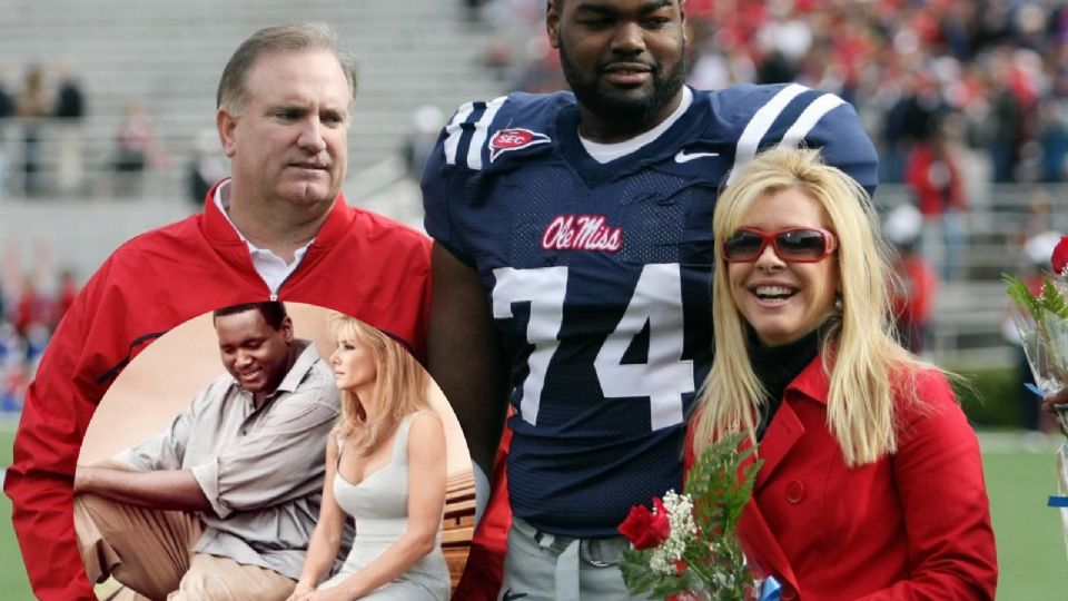 Fotografía de Michael Oher con su familia e imagen de la película