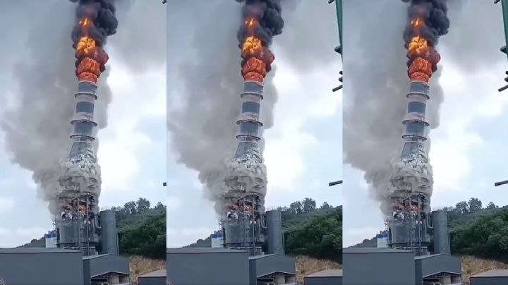 Torre de central térmica se desploma, luego de arder en llamas