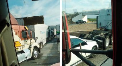 Carambolazo en la Autopista Monterrey-Laredo: auto compacto queda 'sellado' por tráileres