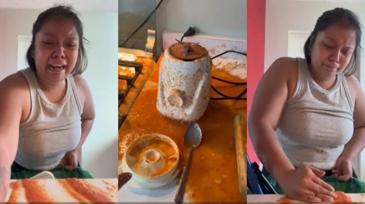 Le explota la licuadora, mujer llora y dice estar harta de ser ama de casa