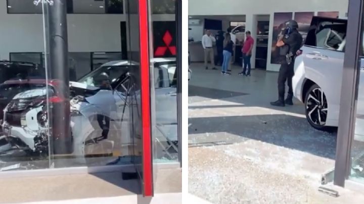 Mujer choca autos nuevos y atropella personas sin salir de la agencia... y no compró nada | VIDEO