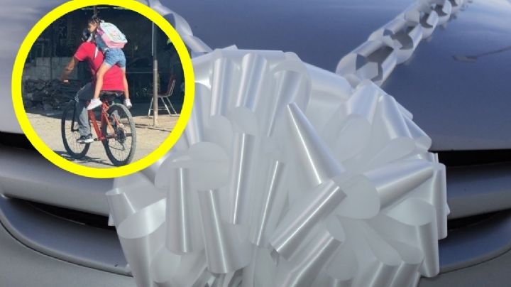 'Me siento muy feliz': regalan auto a padre que llevaba a su hija a la escuela en bicicleta