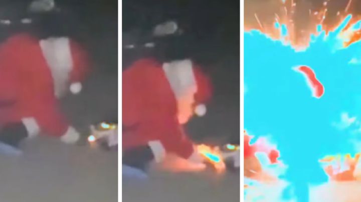MOMENTO EXACTO en que pirotecnia le estalla en el rostro a 'Santa Claus'; perdió un ojo