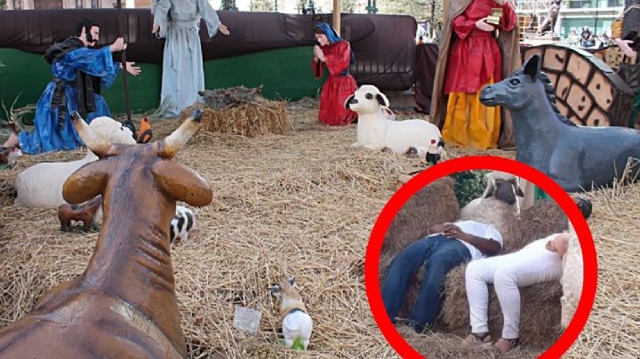 Hombres se quedan dormidos en nacimiento decorativo de plaza comercial; se pasaron de copas