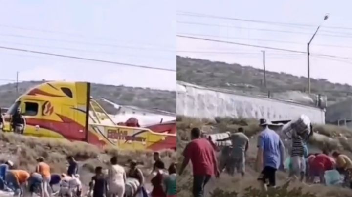 Vuelca tráiler lleno de pacas de ropa en Nuevo León y se desata la rapiña