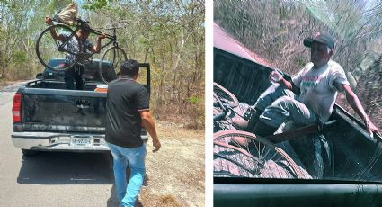 Jóvenes rescatan a abuelito que iba en bicicleta a más de 40 grados; le dan raid en su 'troca'