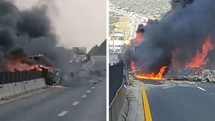 Dos tráileres chocan y terminan calcinados en autopista Saltillo-Monterrey | VIDEO