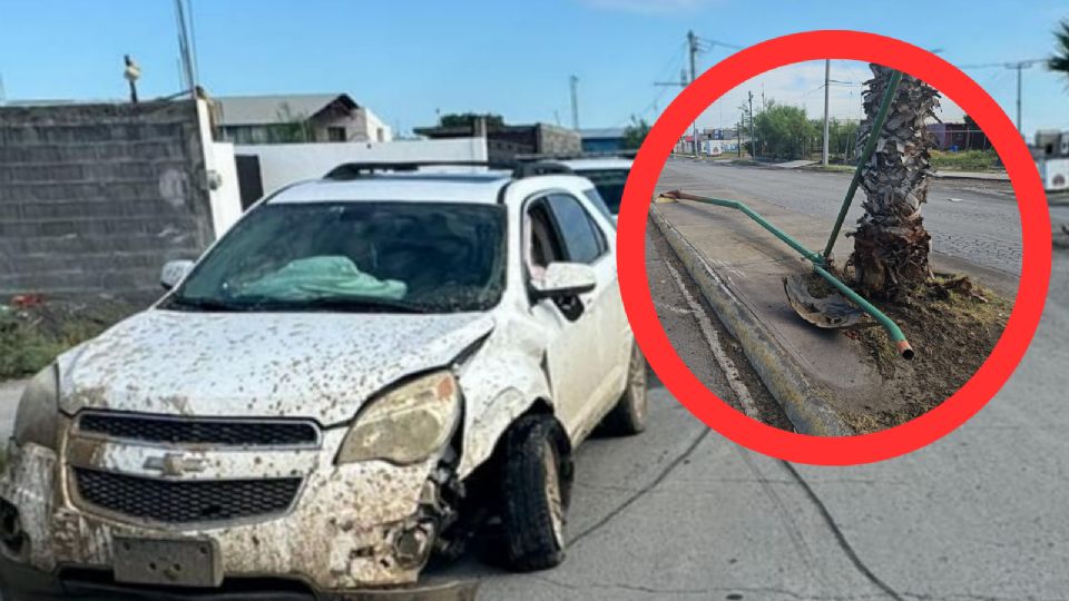 Conductor tumba poste de alumbrado público, destroza su camioneta y la abandona en Nuevo Laredo