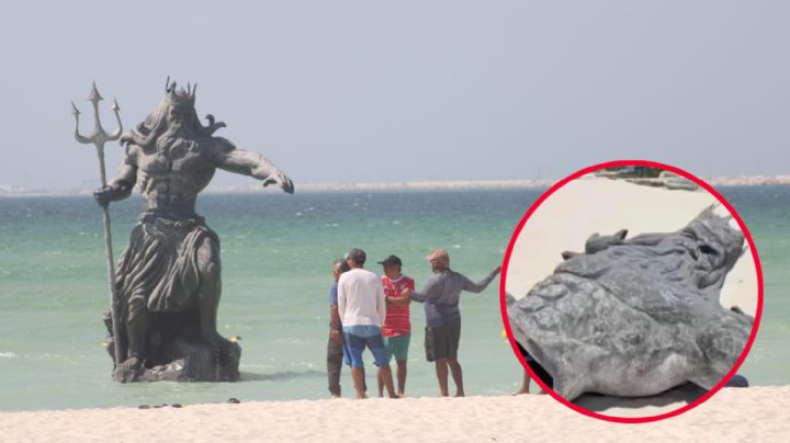 ¿Ya destruyeron la estatua de Poseidón en Yucatán? Fotografía lo muestra partido a la mitad