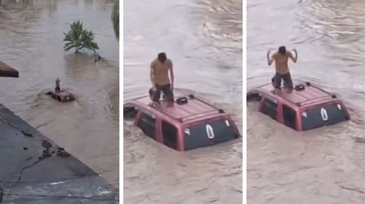 MOMENTO EXACTO en el que joven reza hincado sobre camioneta; quedó atrapado en inundación