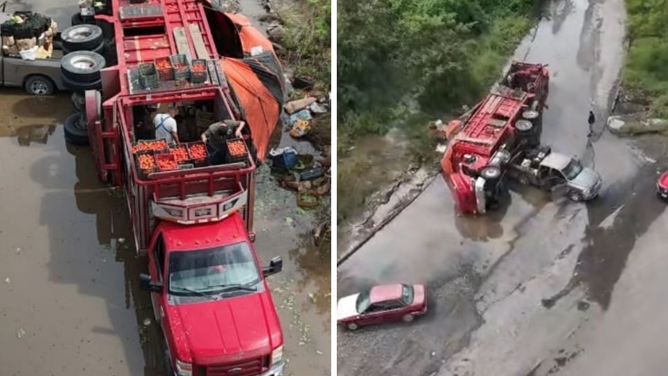 El conductor del camión volcó con más de 15 toneladas de jitomate