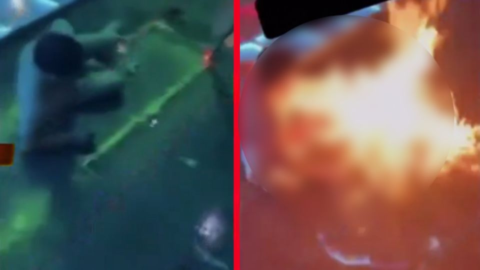 En el video se observa al hombre tirado en la pista de baile, rodeado de luces LED, mientras arde en llamas y grita pidiendo ayuda