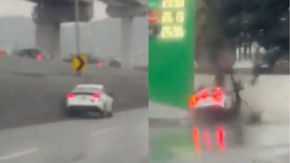 Fuerte choque en en avenida Constitución, Monterrey: Toyota Prius pierde el control y se estrella contra gasolinera