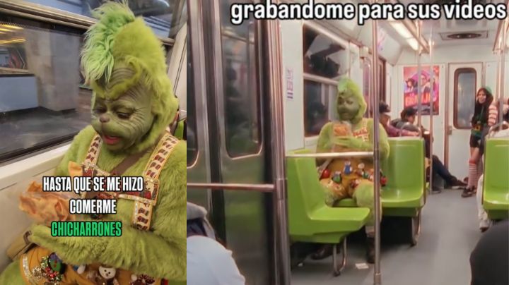 ¿México o IA?; captan al Grinch comiendo chicharrones en el metro | VIDEO