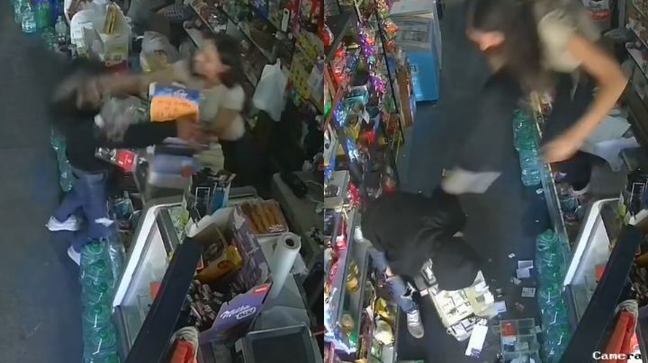 MOMENTO EXACTO en que hombre intenta asaltar una tienda y empleada lo detiene a golpes y patadas