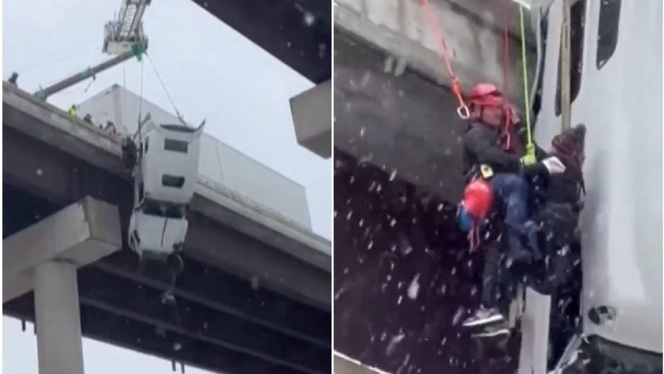 Tráiler queda a la deriva en EU; así fue rescatado el conductor