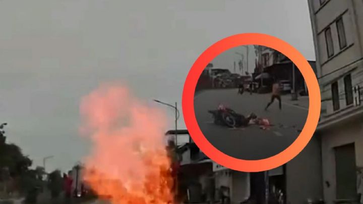 Motociclista vive momentos de terror al incendiarse su vehículo; transportaba globos | VIDEO